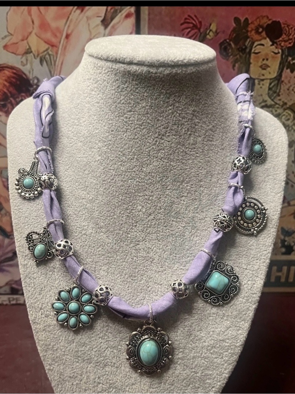 Lavender Boho Bandana Necklace with Turquoise Accents Festivals, Vacation, Rodeo
